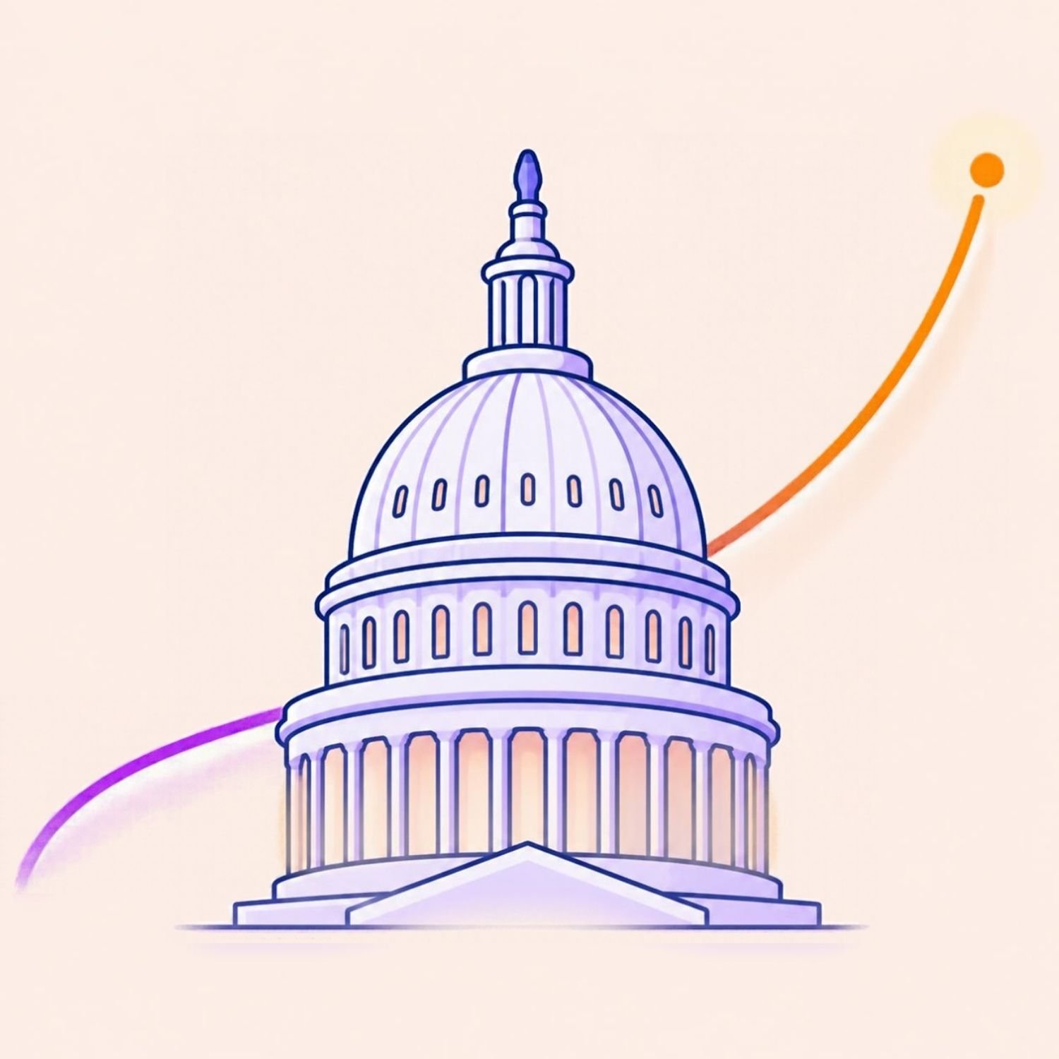Illustration of the U.S. Capitol dome with a purple-to-orange line rising behind it