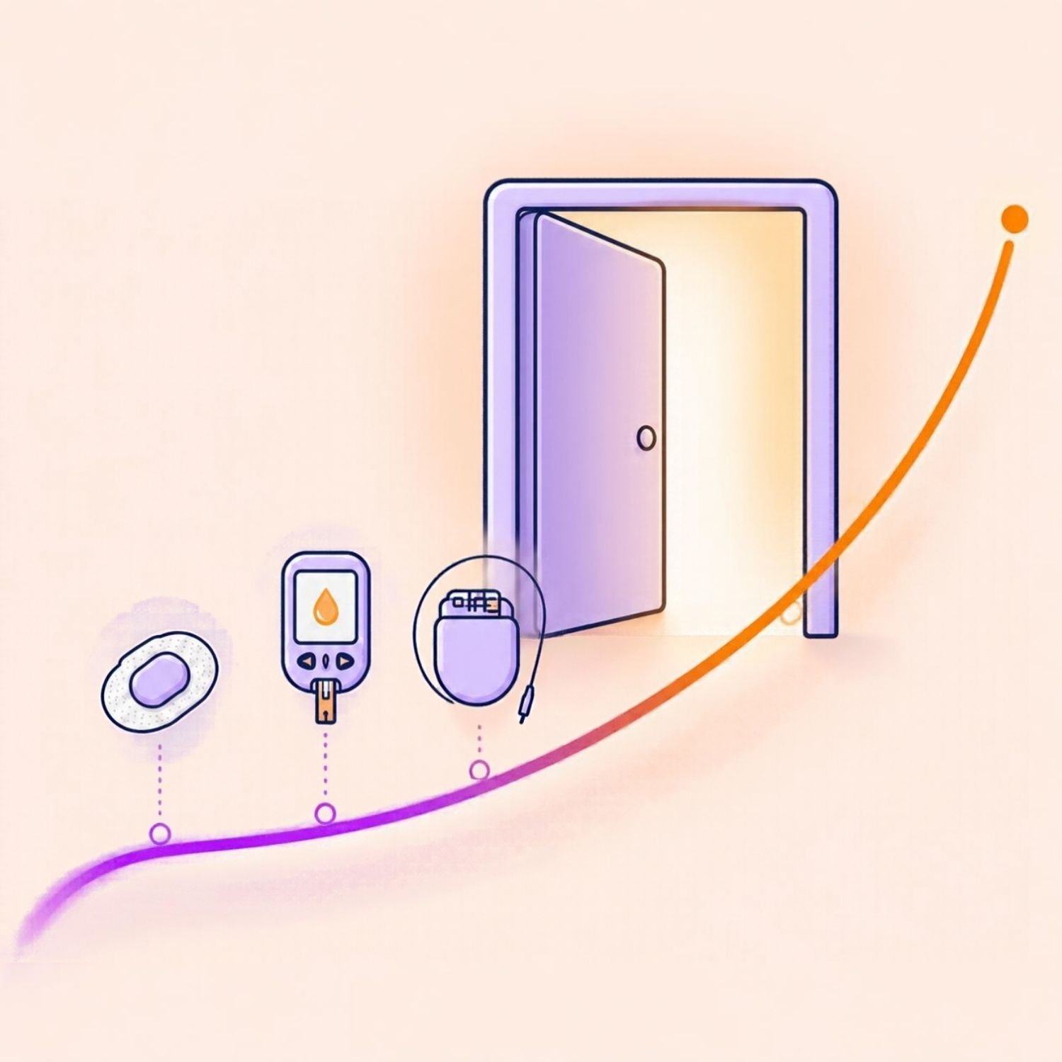 Illustration of medical devices on a rising line waiting outside a glowing open doorway
