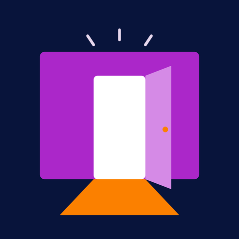 Illustration of an open door in a purple wall, with an orange path leading up to it, on a navy background.