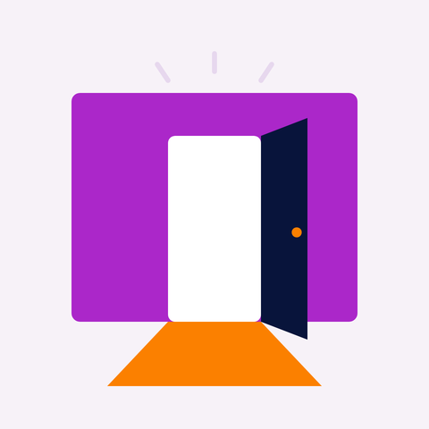 Illustration of an open door in a purple wall, with an orange path leading up to it.