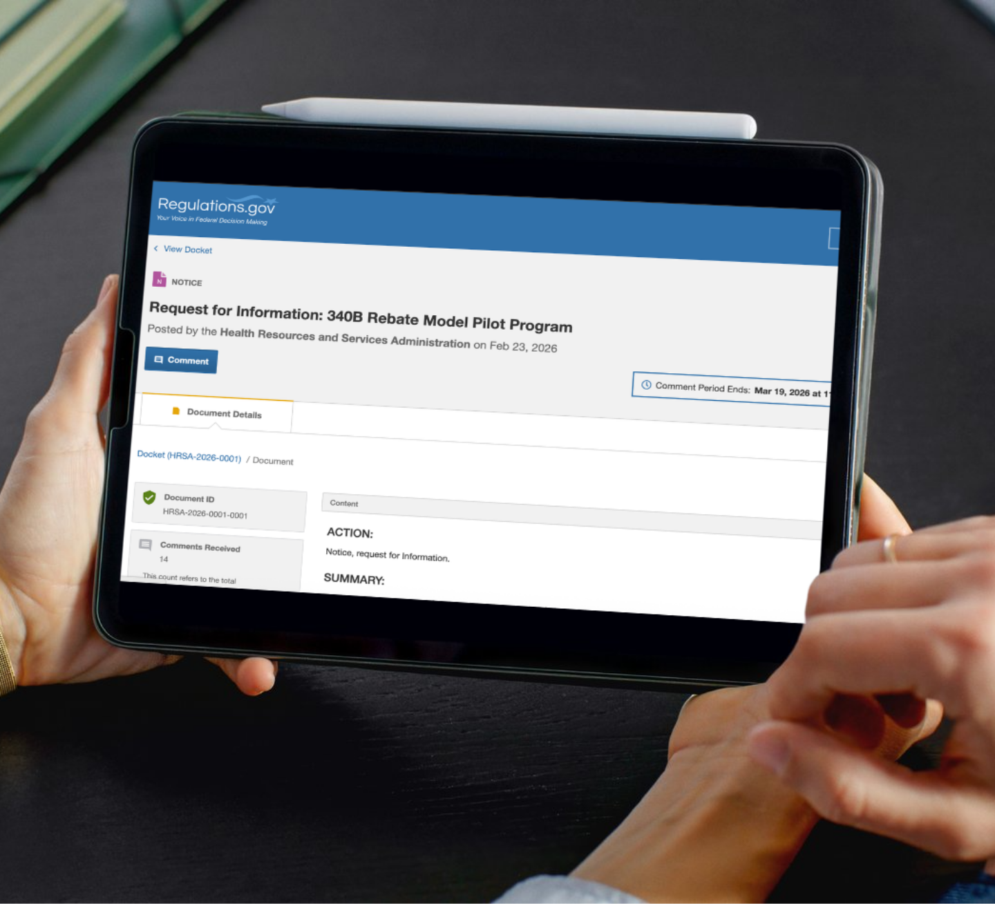 Tablet with Regulations.gov open