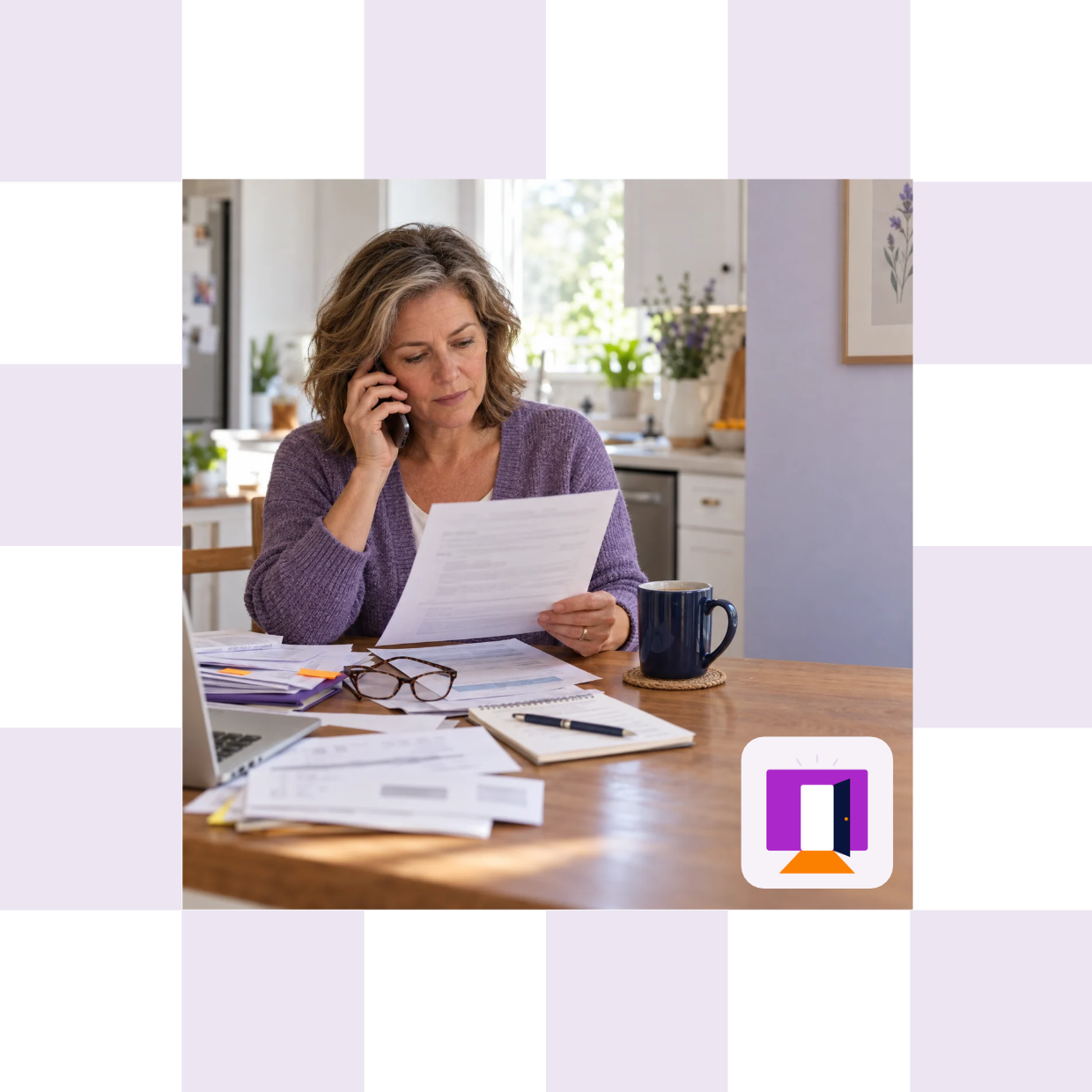 A woman at her kitchen table on hold on the phone while reading a stack of insurance paperwork, framed by a lavender checkerboard, with an illustration of an open door in the corner.